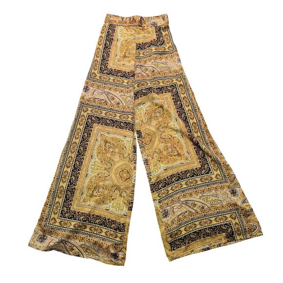 Fashion Nova Pants - Fashion Nova Pants Womens Small Gold Satin Paisley Wide Leg Belted Boho Dressy